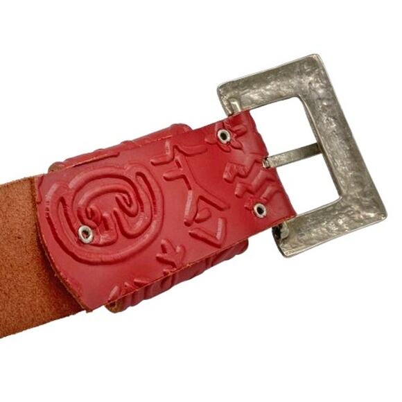 Vintage French Red Tooled Leather Belt w/ Sculptural Silver Buckle & Keeper 80s - Picture 7 of 14